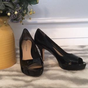 Via Spiga Black Patent Peep Toe Pumps